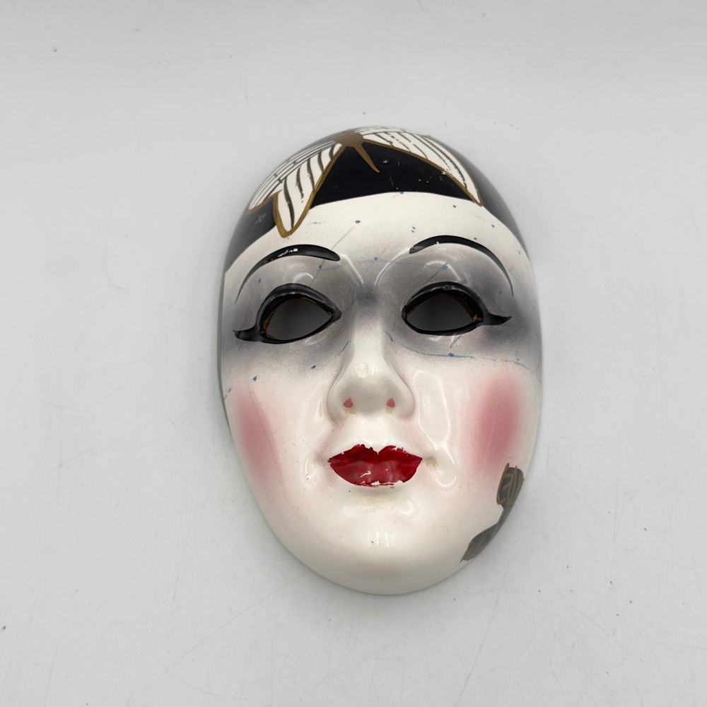 Vintage 80s Ceramic Wall Mask Butterfly Hand Painted Art Deco Revival Taiwan